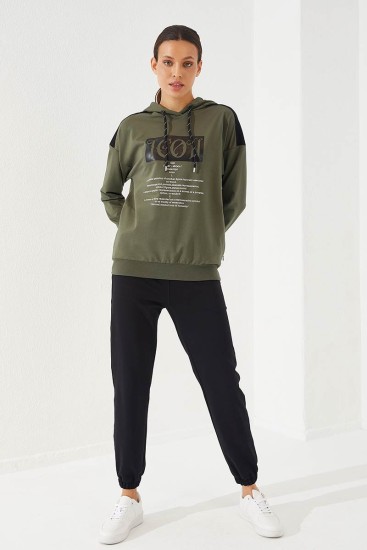 Women's Hooded Text Printed Jogger Khaki-Black Tracksuit - 95266 - Thumbnail