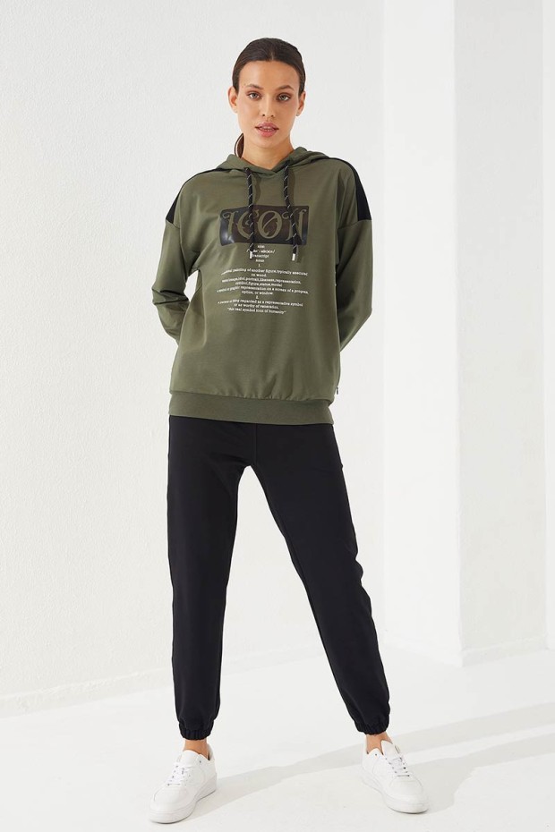 Women's Hooded Text Printed Jogger Khaki-Black Tracksuit - 95266