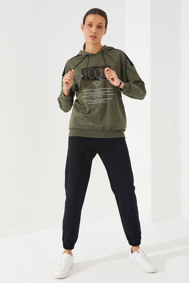 Women's Hooded Text Printed Jogger Khaki-Black Tracksuit - 95266