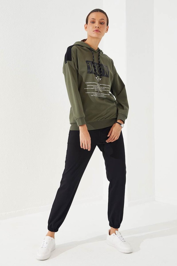 Women's Hooded Text Printed Jogger Khaki-Black Tracksuit - 95266