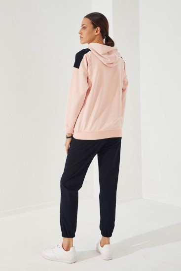 Women's Hooded Text Printed Jogger Pink-Navy Blue Tracksuit - 95266 - Thumbnail