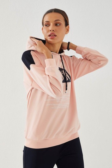 Women's Hooded Text Printed Jogger Pink-Navy Blue Tracksuit - 95266 - Thumbnail