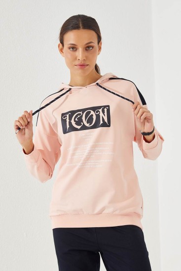 Women's Hooded Text Printed Jogger Pink-Navy Blue Tracksuit - 95266 - Thumbnail