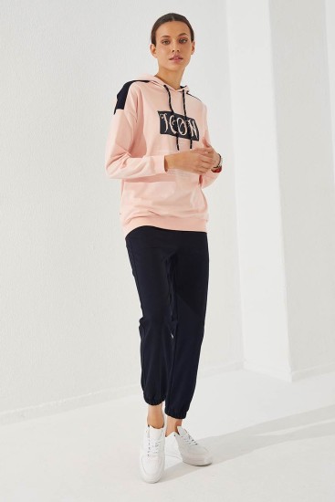 Women's Hooded Text Printed Jogger Pink-Navy Blue Tracksuit - 95266 - Thumbnail