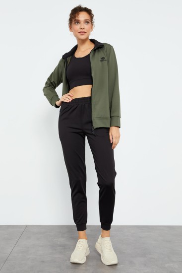 Women's Invisible Zippered Pockets Jogger Green Almond-Black Tracksuit - 95271 