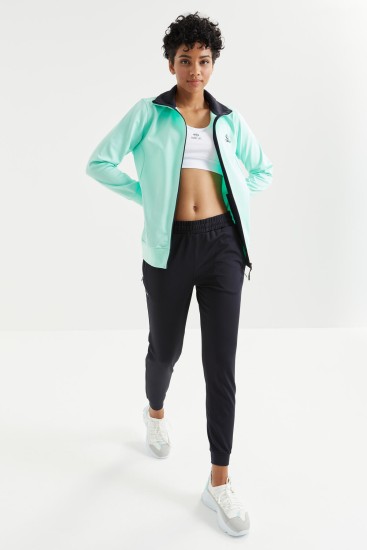 Women's Invisible Zippered Pockets Jogger Mint Green-Black Tracksuit - 95271 