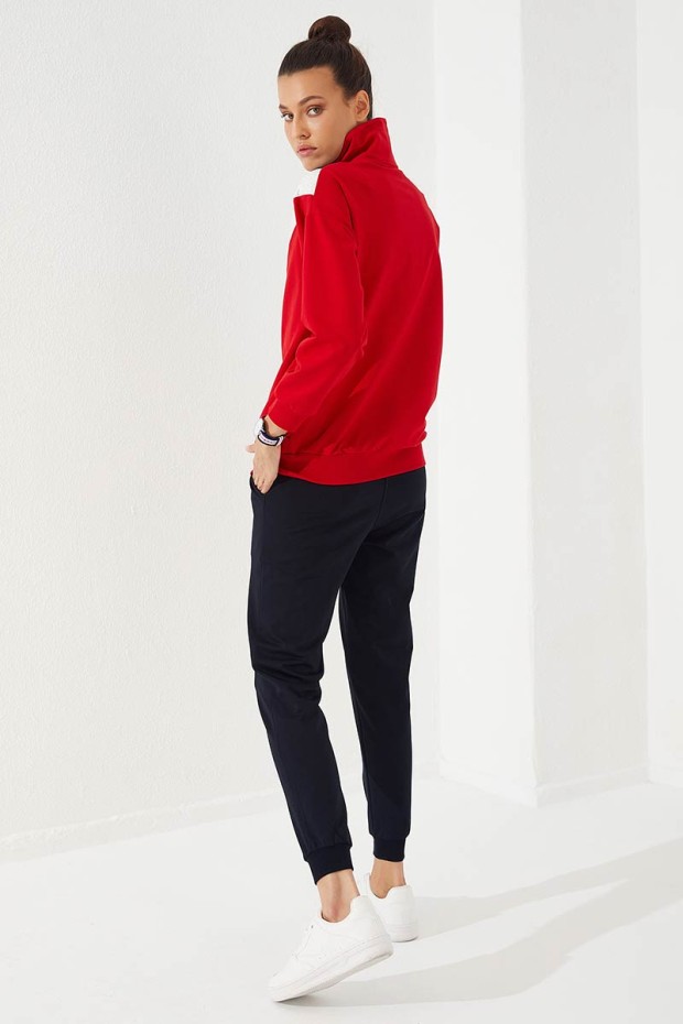 Women's Stand Collar Half Zippered Regular Fit Cuffed Red-Navy Blue Tracksuit - 95269