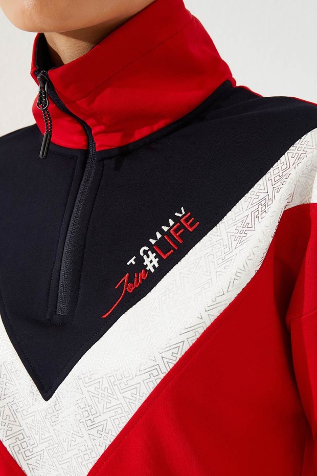 Women's Stand Collar Half Zippered Regular Fit Cuffed Red-Navy Blue Tracksuit - 95269