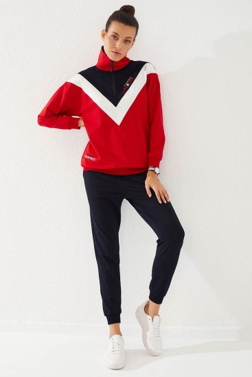 Women's Stand Collar Half Zippered Regular Fit Cuffed Red-Navy Blue Tracksuit - 95269 - Thumbnail