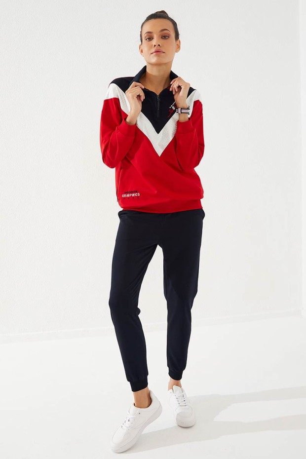 Women's Stand Collar Half Zippered Regular Fit Cuffed Red-Navy Blue Tracksuit - 95269