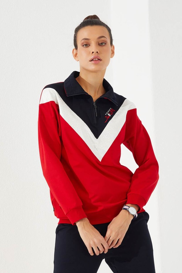 Women's Stand Collar Half Zippered Regular Fit Cuffed Red-Navy Blue Tracksuit - 95269