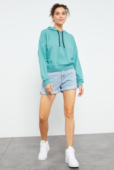 Tommy Life Basic Hooded Mint Green Women's Sweatshirt - TOMMYLIFE (1)
