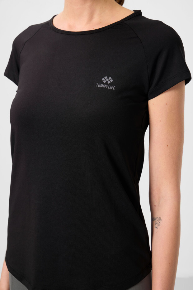 Tommy Life Round Neck Criss Cross Back Black Women's T-Shirt