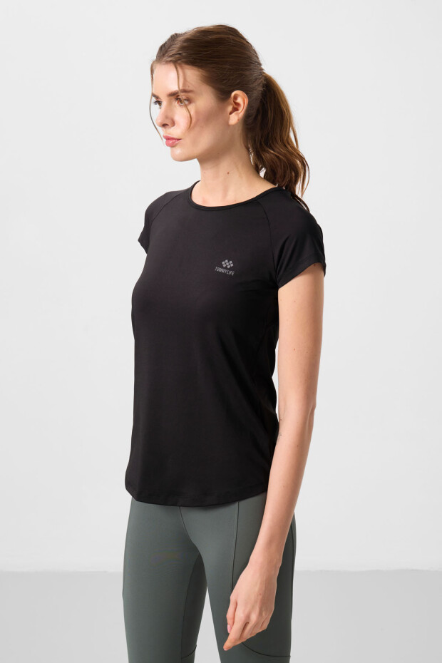 Tommy Life Round Neck Criss Cross Back Black Women's T-Shirt