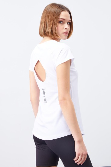 Tommy Life Round Neck Criss Cross Back White Women's T-Shirt 
