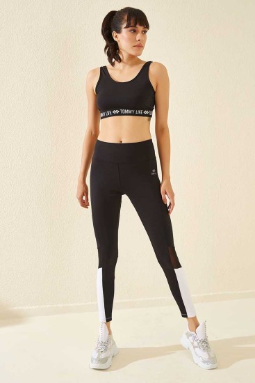 Tommy Life High Waist Micro Scuba Sports Black-White Women's Tights - Thumbnail