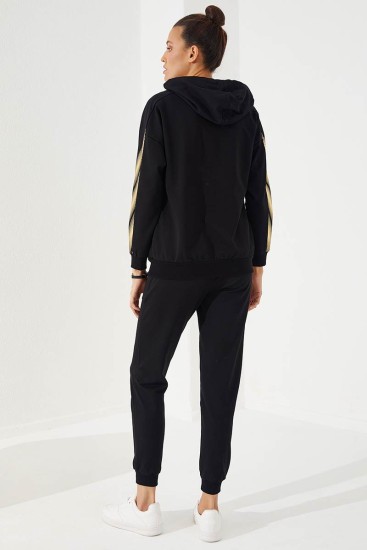 Hooded Cuffed Black-Gold Women's Tracksuit - Thumbnail