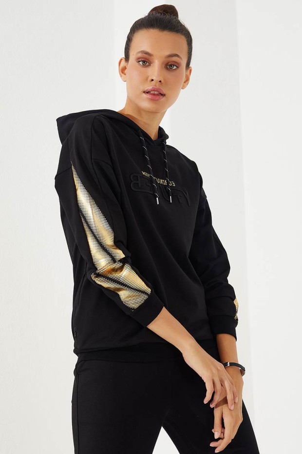 Hooded Cuffed Black-Gold Women's Tracksuit