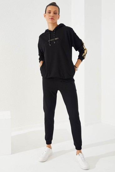 Hooded Cuffed Black-Gold Women's Tracksuit - Thumbnail