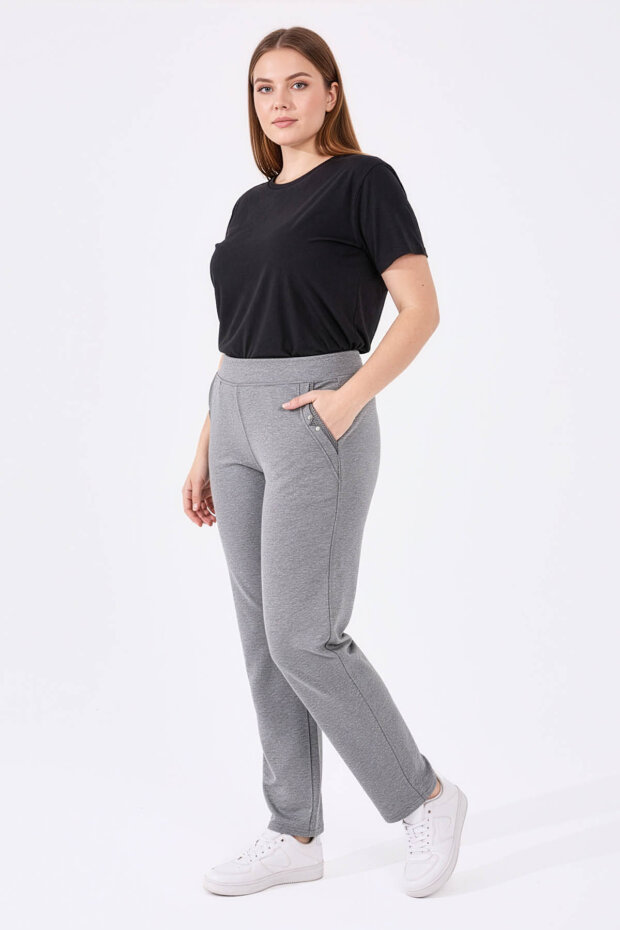 Pocket Detailed Plus Size Grey-Melange Women's Tracksuit Bottom - 1