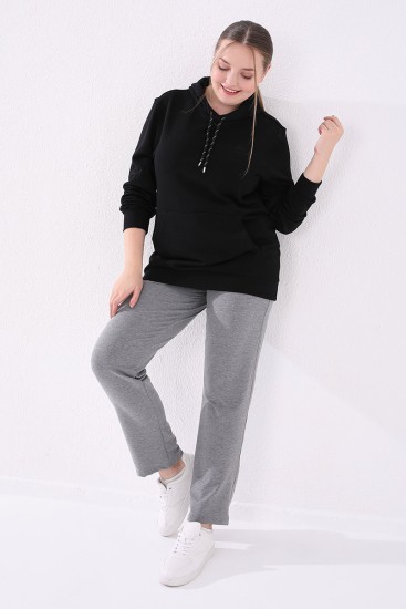 Pocket Detailed Plus Size Grey-Melange Women's Tracksuit Bottom - Thumbnail