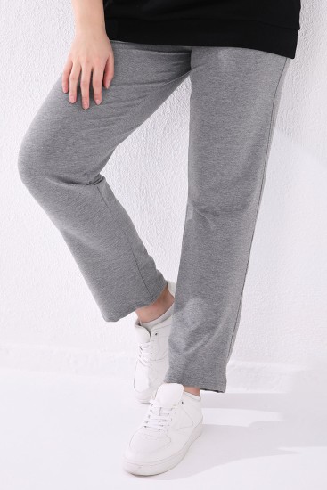 Pocket Detailed Plus Size Grey-Melange Women's Tracksuit Bottom - Thumbnail