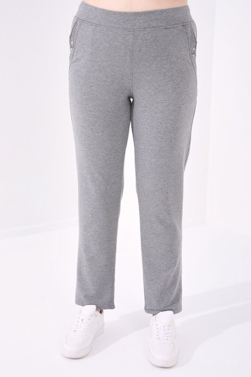 Pocket Detailed Plus Size Grey-Melange Women's Tracksuit Bottom - Thumbnail