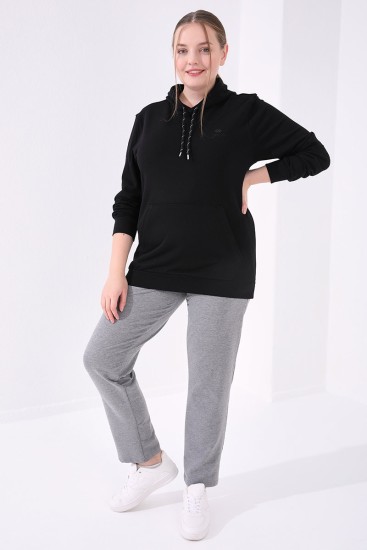 Pocket Detailed Plus Size Grey-Melange Women's Tracksuit Bottom - Thumbnail