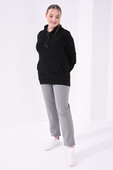 Pocket Detailed Plus Size Grey-Melange Women's Tracksuit Bottom - Thumbnail