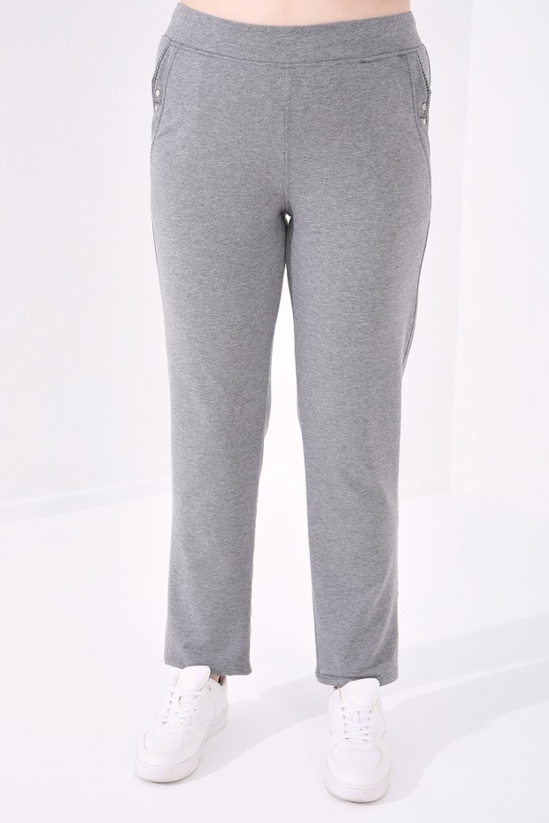 Pocket Detailed Plus Size Grey-Melange Women's Tracksuit Bottom - 3