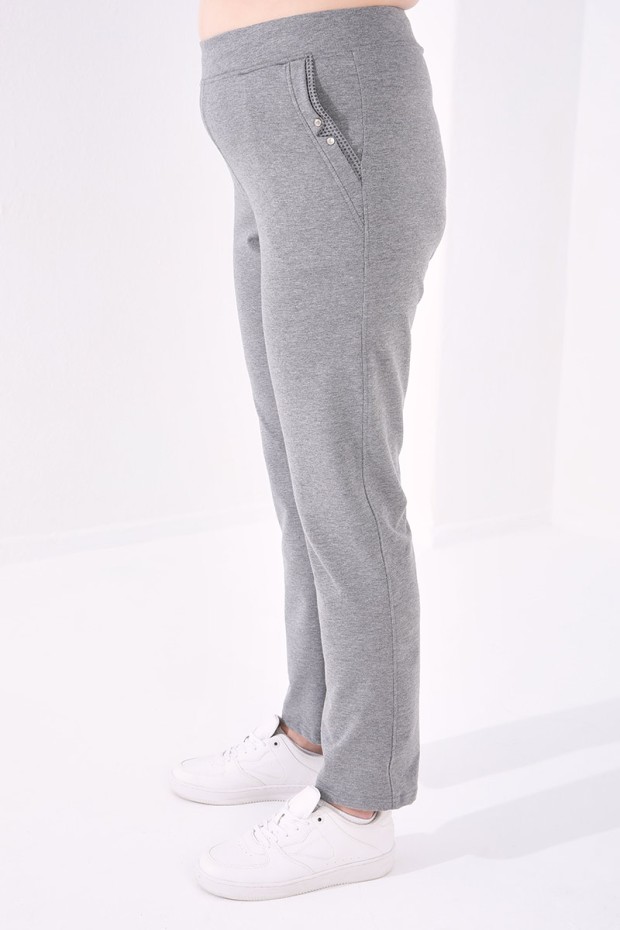 Pocket Detailed Plus Size Grey-Melange Women's Tracksuit Bottom - 4