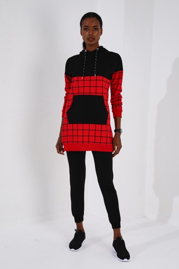 Tommy Life Hooded Graphic Detailed Red-Black Women's Tracksuits - Thumbnail