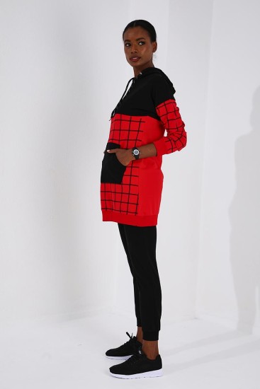 Tommy Life Hooded Graphic Detailed Red-Black Women's Tracksuits - Thumbnail
