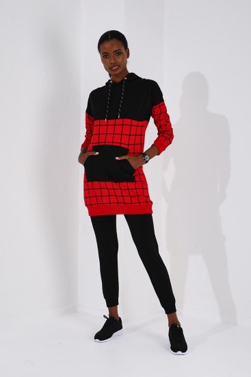 Tommy Life Hooded Graphic Detailed Red-Black Women's Tracksuits - Thumbnail