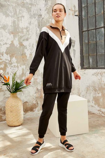 Tommy Life Graphics Embroidered Black Women's Tunic Tracksuit - Thumbnail