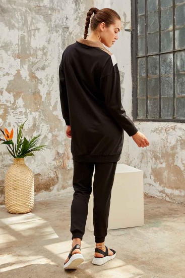 Tommy Life Graphics Embroidered Black Women's Tunic Tracksuit - Thumbnail