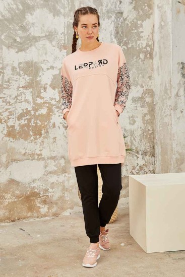 Tommy Life Leopard Embroidered Round Neck Black-Pink Women's Tunic Tracksuit - Thumbnail