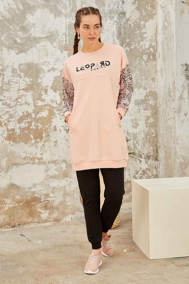 Tommy Life Leopard Embroidered Round Neck Black-Pink Women's Tunic Tracksuit