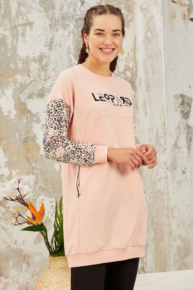 Tommy Life Leopard Embroidered Round Neck Black-Pink Women's Tunic Tracksuit