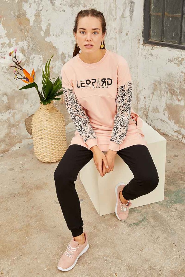 Tommy Life Leopard Embroidered Round Neck Black-Pink Women's Tunic Tracksuit