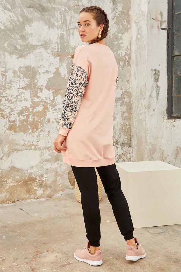 Tommy Life Leopard Embroidered Round Neck Black-Pink Women's Tunic Tracksuit