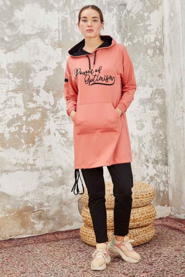 Tommy Life Kangaroo Pocket Hooded Black-Powder Women's Tunic Tracksuit - Thumbnail