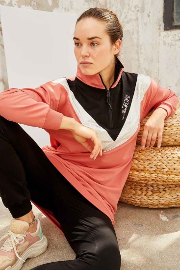 Tommy Life Graphics Embroidered Black-Powder Women's Tunic Tracksuit - Thumbnail