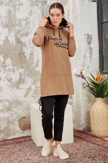 Tommy Life Kangaroo Pocket Hooded Earthlike-Black Women's Tunic Tracksuit - Thumbnail