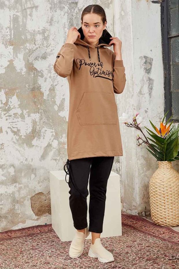 Tommy Life Kangaroo Pocket Hooded Earthlike-Black Women's Tunic Tracksuit