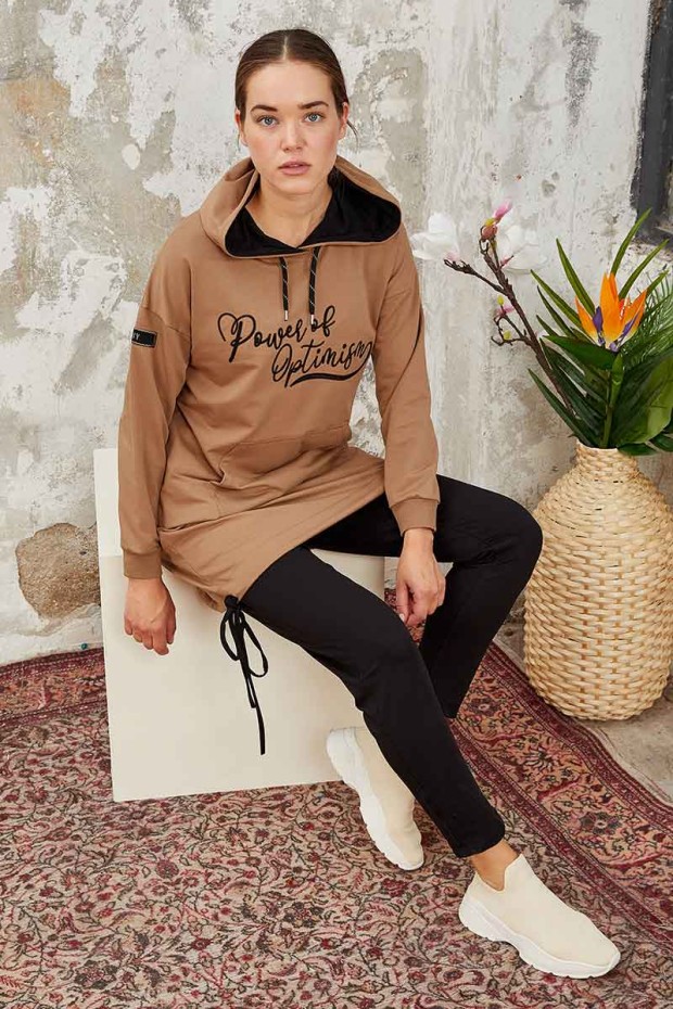 Tommy Life Kangaroo Pocket Hooded Earthlike-Black Women's Tunic Tracksuit