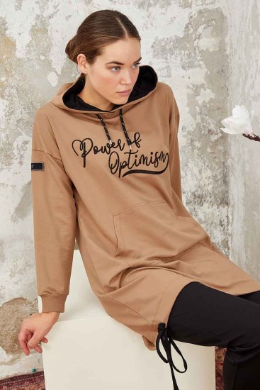 Tommy Life Kangaroo Pocket Hooded Earthlike-Black Women's Tunic Tracksuit - Thumbnail