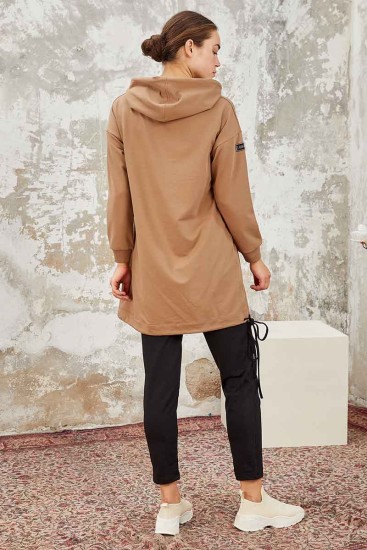 Tommy Life Kangaroo Pocket Hooded Earthlike-Black Women's Tunic Tracksuit - Thumbnail