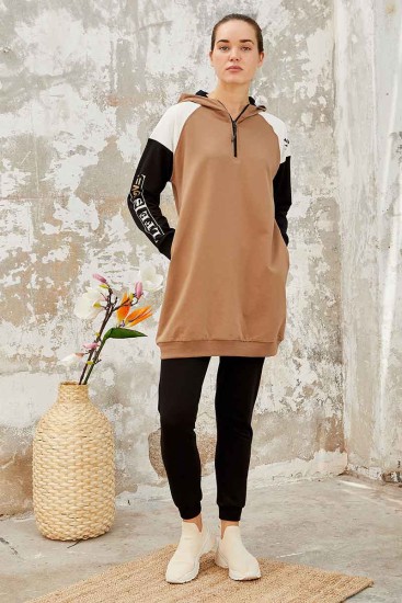 Tommy Life Life Is One Printed Hooded Earthlike-Black Women's Tunic Tracksuit - Thumbnail