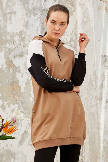 Tommy Life Life Is One Printed Hooded Earthlike-Black Women's Tunic Tracksuit - Thumbnail